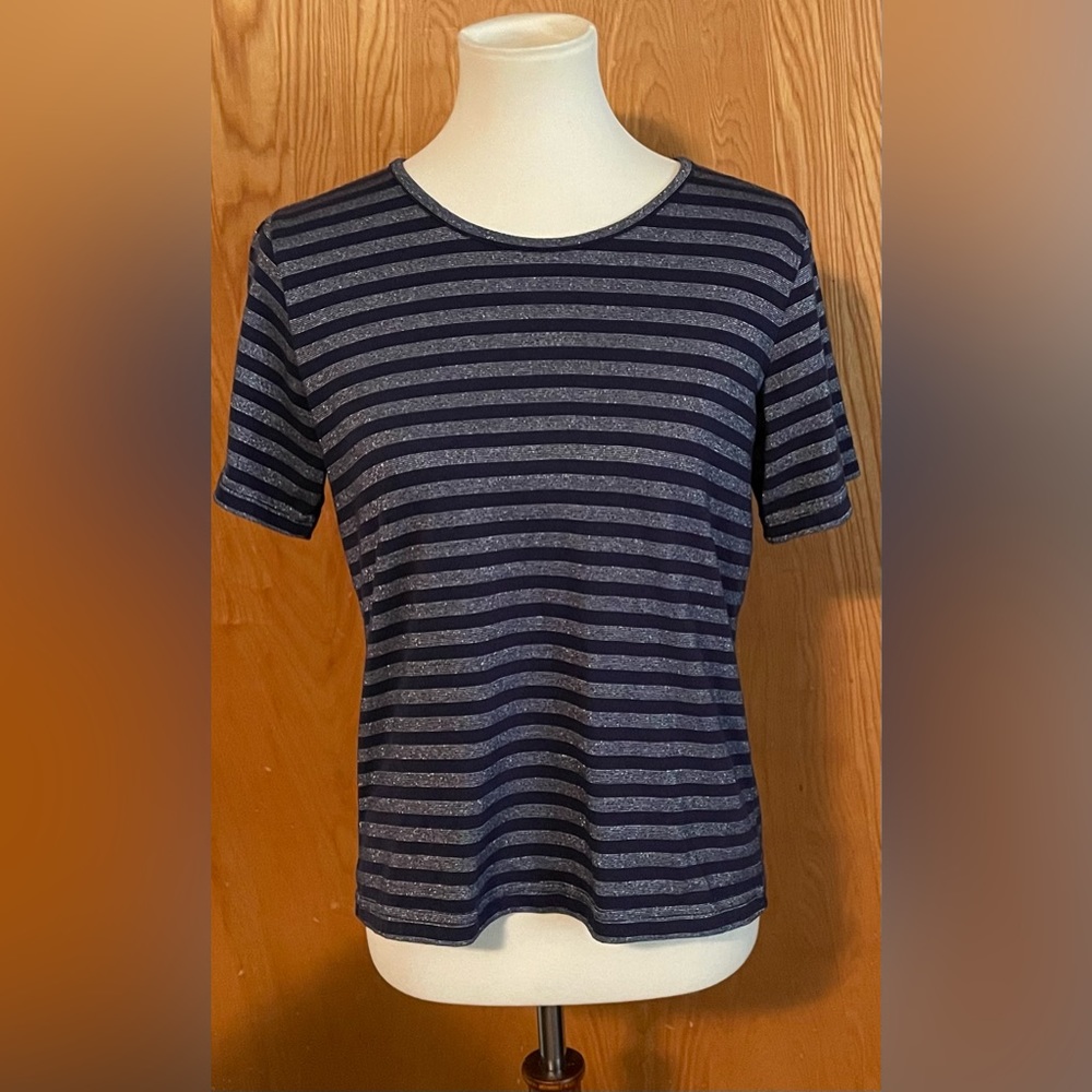 Navy blue and silver metallic knit short sleeve top